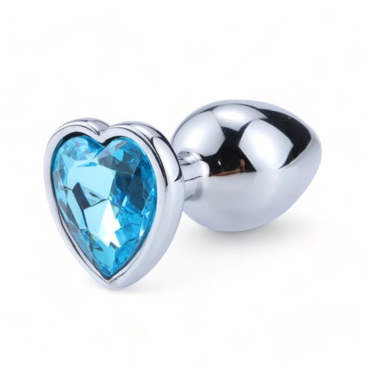 Metal Butt Plug with Baby Blue Heart Crystal